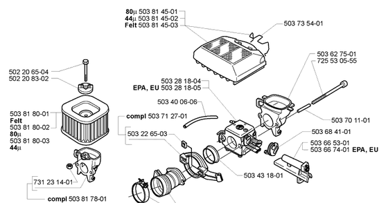 Air Filter / Carburetor Diagram and Parts List for 362EPA 2005-05 Husqvarna Chainsaw