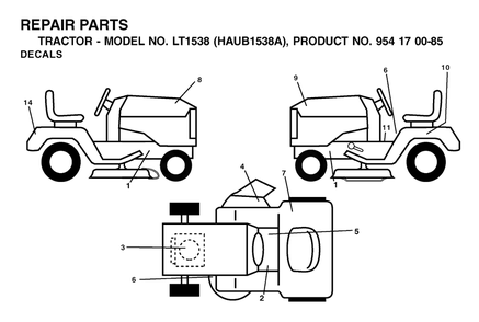 Decals Diagram and Parts List for LT1538 (954170085-A)(2003-01) Husqvarna Lawn Tractor