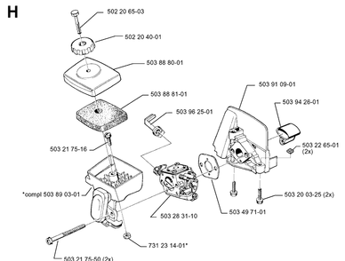 Carburetor And Air Filter Diagram and Parts List for 325RX 19991000001-20001900000 Husqvarna Brush Cutter
