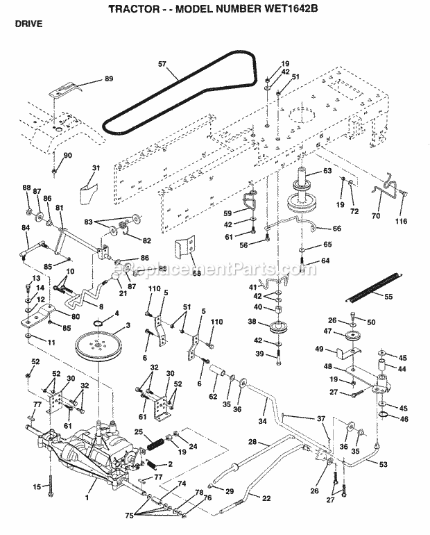 Drive Diagram and Parts List for WET1642B 1996 Husqvarna Lawn Tractor