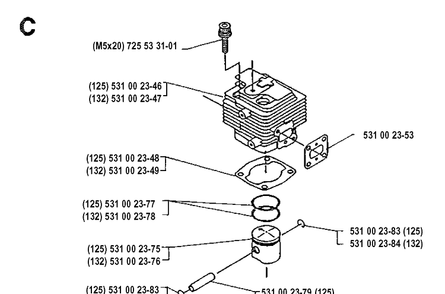 Cylinder Piston Diagram and Parts List for 125RB 19904400001-19931400000 Husqvarna Brush Cutter