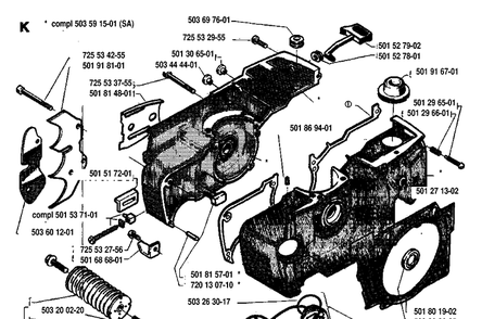 Crankcase Diagram and Parts List for 288 19933600001-19974900000 Husqvarna Chainsaw