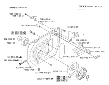 Clutch / Drum / Choke Diagram and Parts List for 265RX 2001-07 Husqvarna Brush Cutter