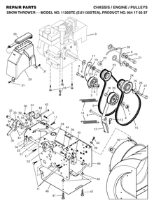 Chassis, Engine And Pulleys Diagram and Parts List for 1130STE (954170237-A)(2004-09) Husqvarna Snow Blower