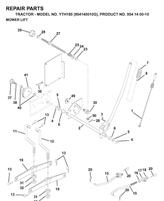 Mower Lift / Deck Lift Diagram and Parts List for YTH180 (954140010G)(1998-10) Husqvarna Lawn Tractor