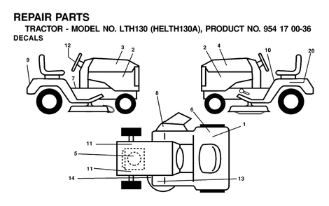 Decals Diagram and Parts List for LTH130 (954170036-A)(2001-01) Husqvarna Lawn Tractor