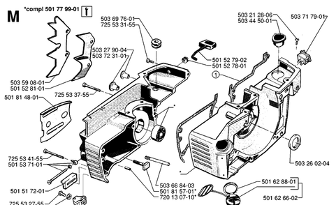 Crankcase Diagram and Parts List for 61 19970100001-19993100000 Husqvarna Chainsaw