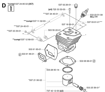 Cylinder Piston Diagram and Parts List for 359 20031400001-20041800000 Husqvarna Chainsaw