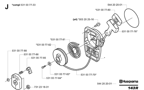 Starter Diagram and Parts List for 143R 20054100001-20065299999 Husqvarna Brush Cutter