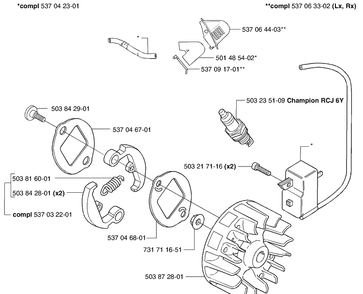 Ignition / Flywheel / Clutch Diagram and Parts List for 326L 2002-08 Husqvarna Brush Cutter