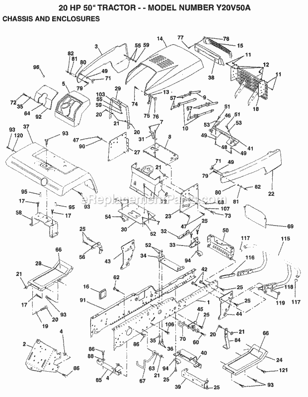20 Hp 50" Chassis And Enclosures Diagram and Parts List for Y20V50A 1994 Husqvarna Lawn Tractor