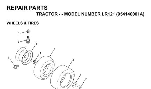 Wheels And Tires Diagram and Parts List for LR121 (954140001A)(1997-01) Husqvarna Lawn Tractor
