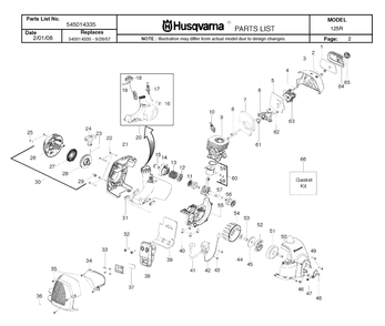 Engine Diagram and Parts List for 125R 20082200001 & Above Husqvarna Trimmer
