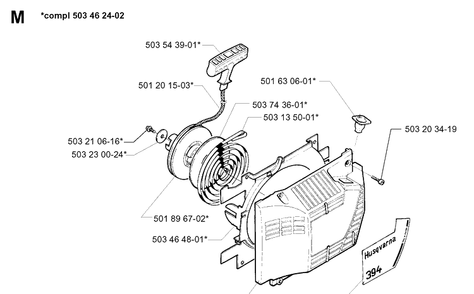 Starter Diagram and Parts List for 394XP 19960100001-19980900000 Husqvarna Chainsaw