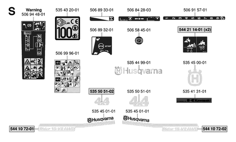 Decals Diagram and Parts List for R15-V2AWD (965080101)(2006-05) Husqvarna Lawn Tractor