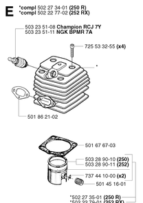 Cylinder Piston Diagram and Parts List for 250R 20023100001-20145399999 Husqvarna Brush Cutter