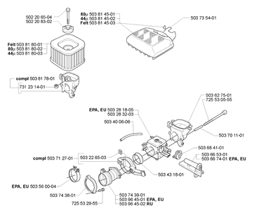 Air Filter/Carburetor Diagram and Parts List for 365EPA 2007-03 Husqvarna Chainsaw