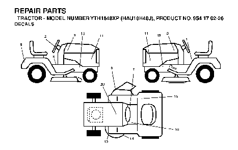 Decals Diagram and Parts List for YTH1848XP (HAU18H48J, 954170226)(2004-09) Husqvarna Lawn Tractor