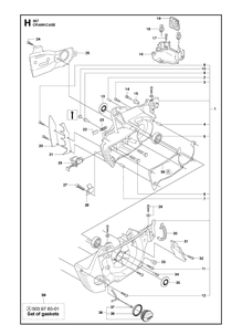 Crankcase Diagram and Parts List for 357XP 20100600001-20111800000 Husqvarna Chainsaw