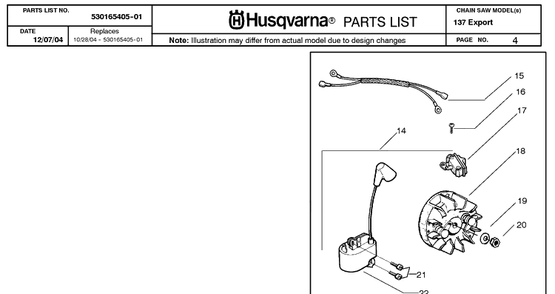 Ignition System Diagram and Parts List for 137 20050100001-20064900000 Husqvarna Chainsaw