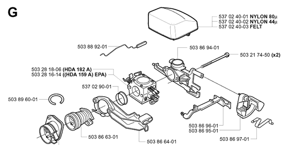 Carburetor And Air Filter Diagram and Parts List for 346XP 20012200001-20032200000 Husqvarna Chainsaw