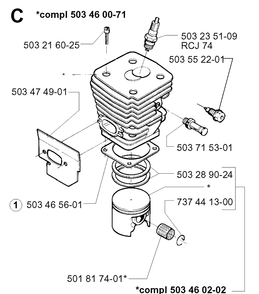 Cylinder Piston Diagram and Parts List for 394XP 19960100001-19980900000 Husqvarna Chainsaw