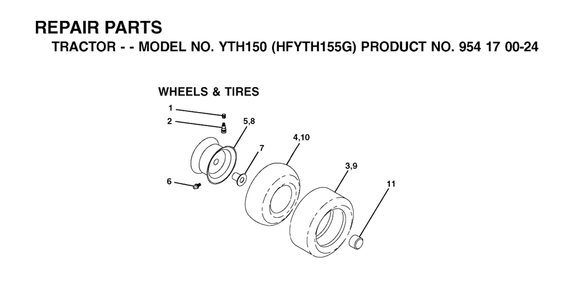 Wheels And Tires Diagram and Parts List for YTH150 (954170024-G)(2001-01) Husqvarna Lawn Tractor