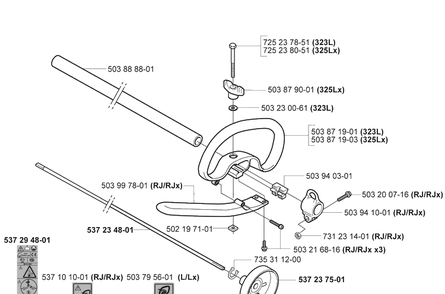 Shaft/Tube/Handle Diagram and Parts List for 325LX 2005-05 Husqvarna Brush Cutter
