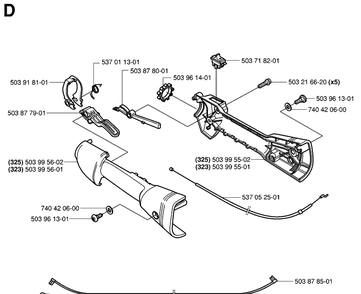 Handle And Controls Diagram and Parts List for 323HE3 20050600001-20053600000 Husqvarna Hedge Trimmer