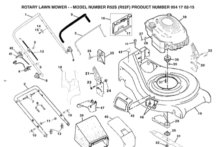 Frame And Engine Diagram and Parts List for R52S-R52F 2004-10 Husqvarna Lawn Mower