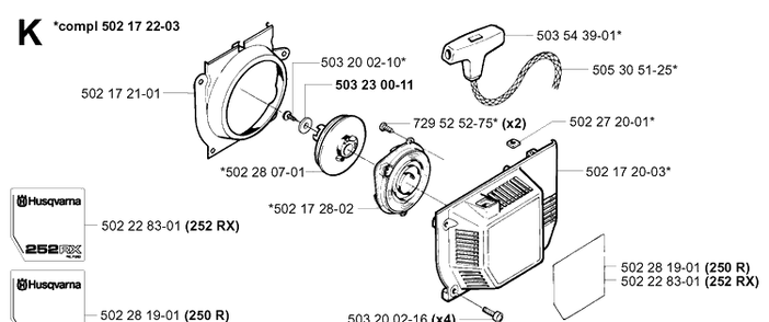 Starter Diagram and Parts List for 252RX 20011800001-20023100000 Husqvarna Brush Cutter