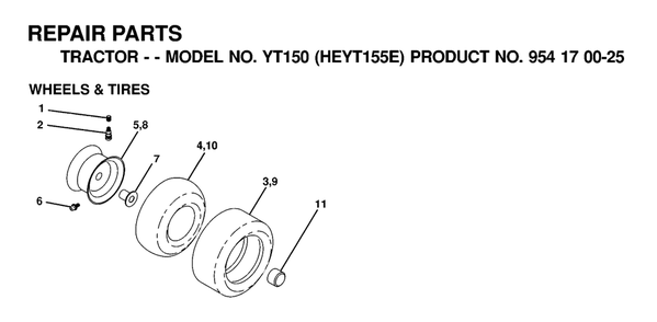 Wheels And Tires Diagram and Parts List for YT150 (954170025-E)(2000-03) Husqvarna Lawn Tractor