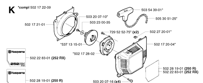 Starter Diagram and Parts List for 250R 20023100001-20145399999 Husqvarna Brush Cutter