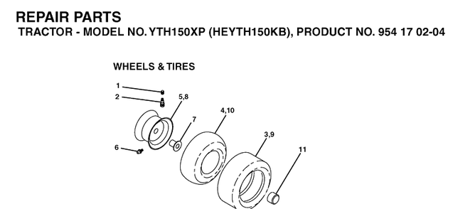 Wheels And Tires Diagram and Parts List for YTH150XP (HEYTH150KB)(2004-01) Husqvarna Lawn Tractor