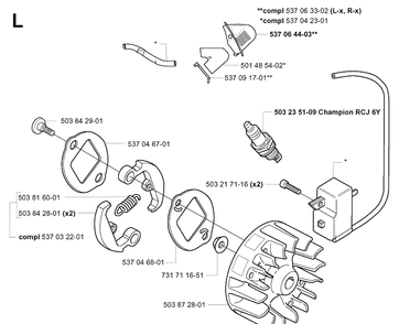 Ignition System And Clutch Diagram and Parts List for 326C 20010900001-20020500000 Husqvarna Edger