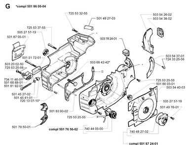 Crankcase Diagram and Parts List for 257 19980900001-19992300000 Husqvarna Chainsaw