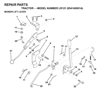 Mower Lift Lever Diagram and Parts List for LR121 (954140001A)(1997-01) Husqvarna Lawn Tractor