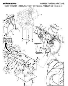 Chassis, Engine And Pulleys Diagram and Parts List for 1130ST (HU1130STA)(2002-09) Husqvarna Snow Blower