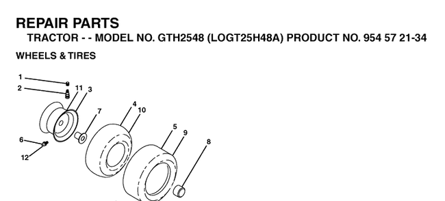 Wheels And Tires Diagram and Parts List for GTH2548-LOGT25H48A 2003-12 Husqvarna Lawn Tractor