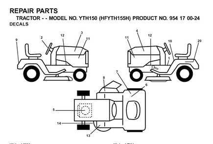 Decals Diagram and Parts List for YTH150 (954170024-H)(2001-03) Husqvarna Lawn Tractor