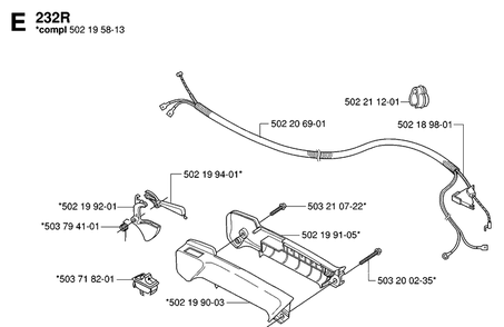 Handle And Controls Diagram and Parts List for 232R 20061400001-20144900000 Husqvarna Brush Cutter