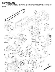 Drive Diagram and Parts List for YTH150 (954140007F)(1998-07) Husqvarna Lawn Tractor