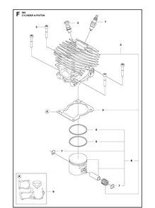 Cylinder Piston Diagram and Parts List for 585  Husqvarna Chainsaw
