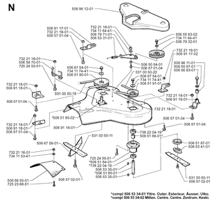 85cm Cutting Deck Diagram and Parts List for R850HST 1997-03 Husqvarna Lawn Tractor