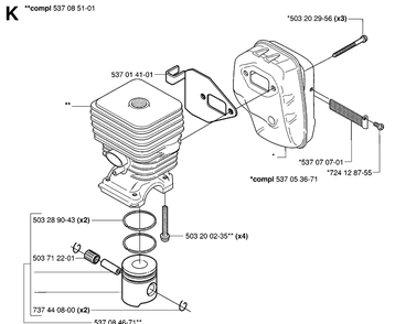 Cylinder, Piston And Muffler Diagram and Parts List for 326HE4 (X-SERIES)(20033100001-20040100000)(2003) Husqvarna Hedge Trimmer