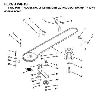 Drive Diagram and Parts List for LT125 (HE12536C)(1998-03) Husqvarna Lawn Tractor