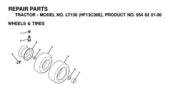 Wheels And Tires Diagram and Parts List for LT130 (954820100-E)(2000-02) Husqvarna Lawn Tractor