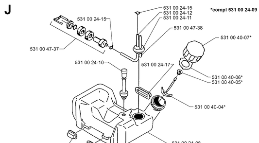 Fuel Tank 2 Diagram and Parts List for 132R 19994000001-20050100000 Husqvarna Brush Cutter