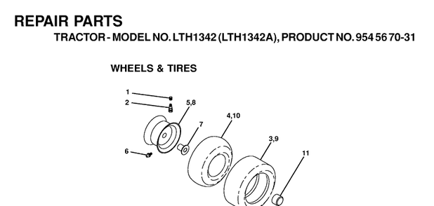 Wheels And Tires Diagram and Parts List for LTH1342-LTH1342A 2000-12 Husqvarna Lawn Tractor