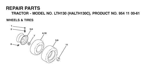 Wheels And Tires Diagram and Parts List for LTH130 (954110061-C)(2003-01) Husqvarna Lawn Tractor